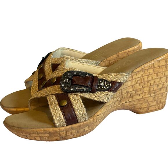 Onex Sandal Wedges Size 6.5 M Black Buckle Studs Woven Hemp 3" Cork Heel - Picture 5 of 8